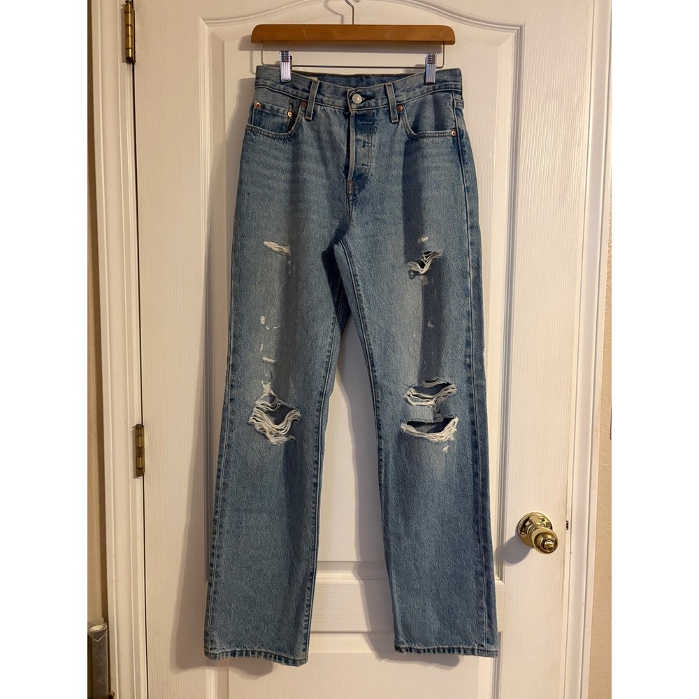 Levis 501 Original Jeans Womens 25 Light Blue Distressed Straight Leg Denim